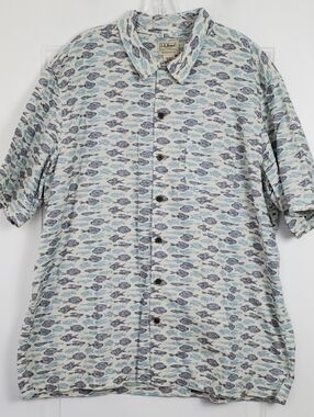 LL Bean Mens Tropics Camp AOP Fish Short Sleeve Button Up Shirt - Size XL - EUC